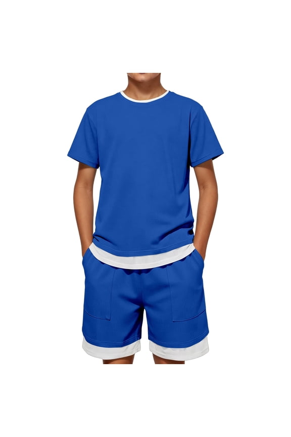 Youth Boy Outfit 2 Piece Short Sleeve Shirt Shorts Matching Boys Performance Suit,Blue,10-11 Years