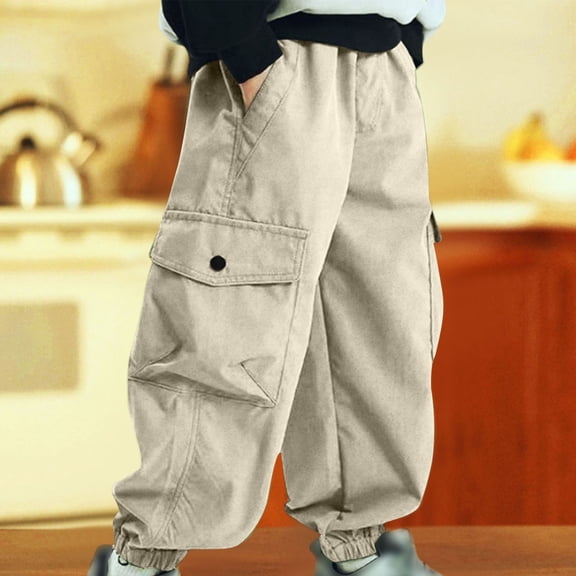 Youth Boys Cargo Pants Joggers Slim Fit with Zip Pockets Kids Quick Dry Lightweight Drawstring High Waist Khaki 4 Years