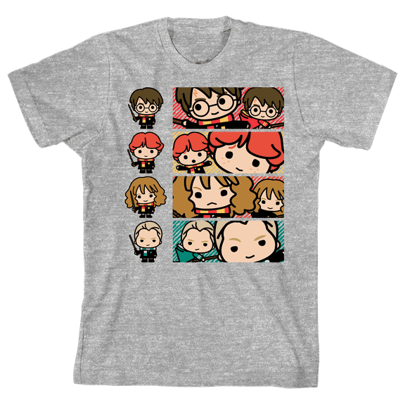 Youth Boys Chibi Harry Potter Characters Grey Graphic Tee Shirt-Large