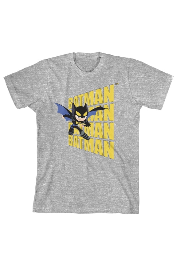 Youth Boys DC Comic Book Batman Repeat Text Athletic Grey Graphic Tee Shirt-XS