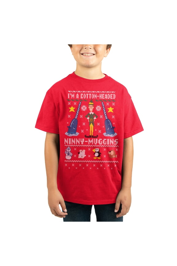 Youth Boys Elf Ugly Christmas Sweater Graphic Tee-Medium