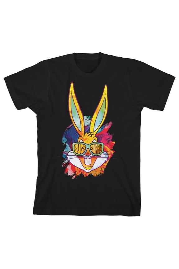 Youth Boys Looney Tunes Cartoon Bugs Bunny Colorful Art Black Graphic Tee-XS