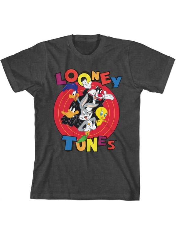 Youth Boys Looney Tunes Character Group Charcoal Heather Graphic Tee Shirt-X-Small