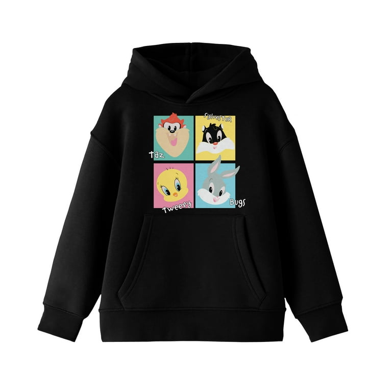 Youth Boys Looney Tunes Chibi Characters Color Block Black Hooded Sweatshirt-L
