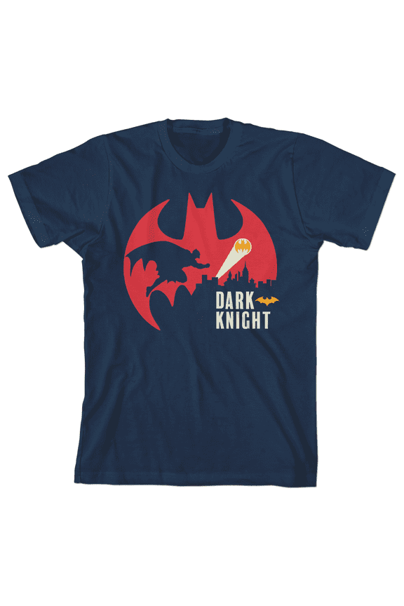 Youth Boys Navy Blue Batman Symbol Gotham City Skyline Graphic Tee Shirt-XL