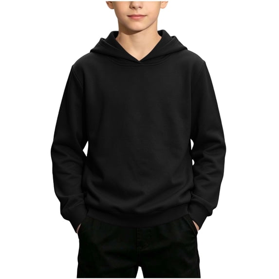 Youth Boys Teen Active Lightweight Plain Long Sleeve Hoodie Sweatshirts - Hooded Pullover Shirts Spring Fall Casual School Layering Top Black