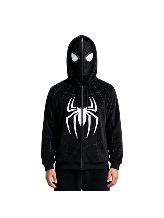Youth Casual Full-Zip Hooded Sweatshirt with Face Mask, Plush Fleece Superhero Zip Jacket for Halloween Dress Up Party Outfit, Black, 130