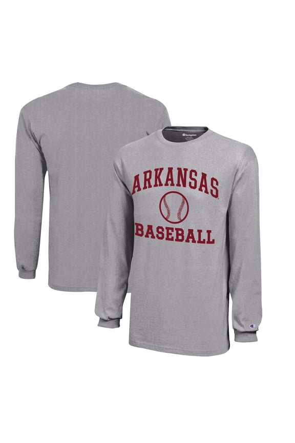 Youth Champion  Gray Arkansas Razorbacks Icon Logo Long Sleeve Baseball T-Shirt