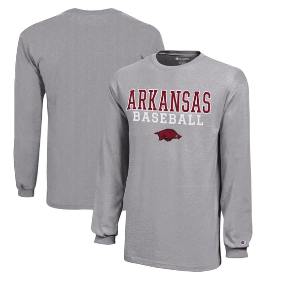 Youth Champion  Gray Arkansas Razorbacks Stacked Logo Long Sleeve Baseball T-Shirt