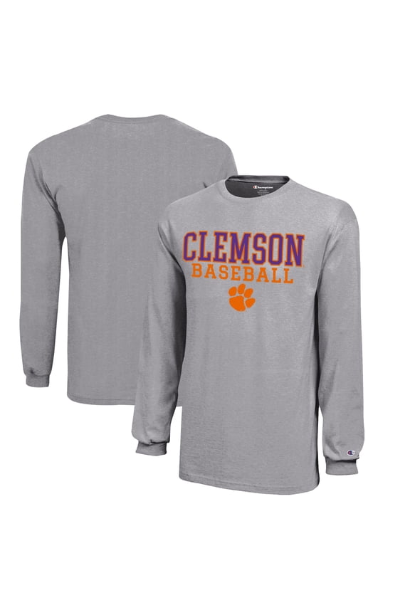 Youth Champion  Gray Clemson Tigers Stacked Logo Long Sleeve Baseball T-Shirt