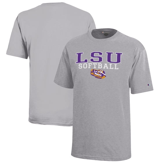 Youth Champion  Gray LSU Tigers Stacked Logo Softball T-Shirt