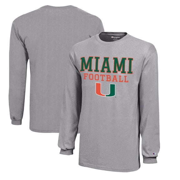 Youth Champion  Gray Miami Hurricanes Stacked Logo Long Sleeve Football T-Shirt