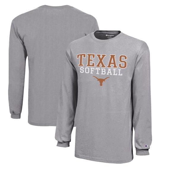 Youth Champion  Gray Texas Longhorns Stacked Logo Long Sleeve Softball T-Shirt