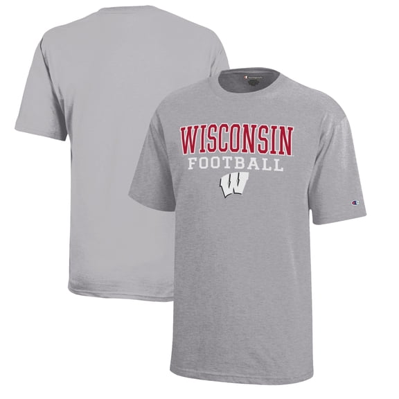 Youth Champion Gray Wisconsin Badgers Stacked Logo Football T-Shirt