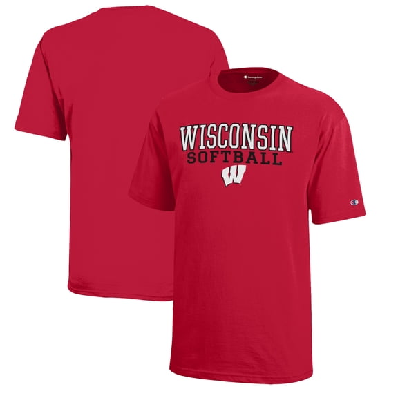 Youth Champion Red Wisconsin Badgers Stacked Logo Softball T-Shirt