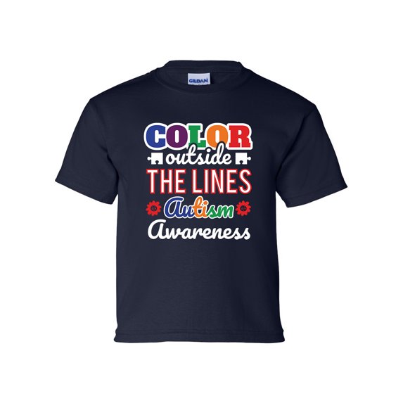 Youth Children's Unisex Autisim Awareness Color Outside the Lines Short Sleeve T-shirt-Navy-small