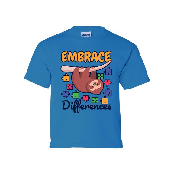 Youth Children's Unisex Autisim Awareness Sloth Embrace Differences Short Sleeve T-shirt-Sapphire-xl