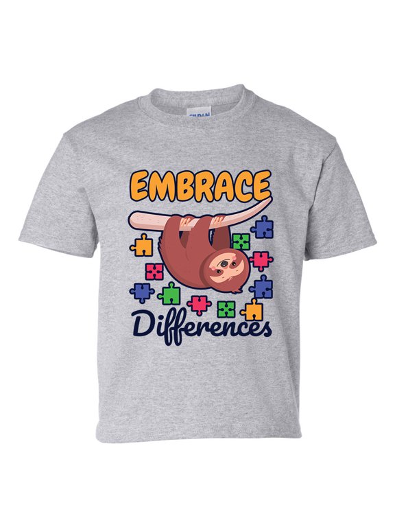 Youth Children's Unisex Autisim Awareness Sloth Embrace Differences Short Sleeve T-shirt-Sports Grey-medium