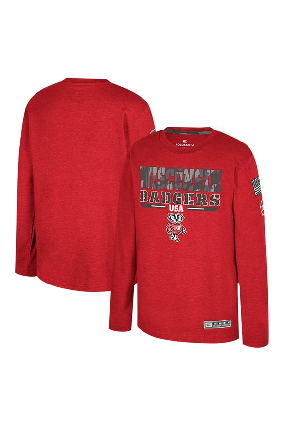 Youth Colosseum Heather Red Wisconsin Badgers OHT Military Appreciation Oorah Long Sleeve T-Shirt