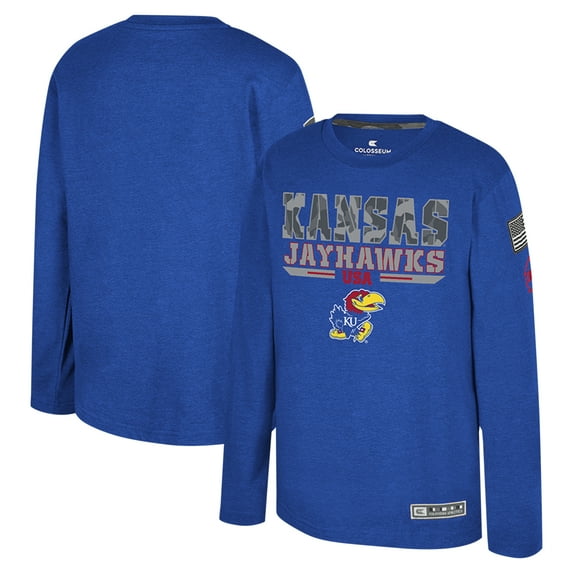 Youth Colosseum Heather Royal Kansas Jayhawks OHT Military Appreciation Oorah Long Sleeve T-Shirt