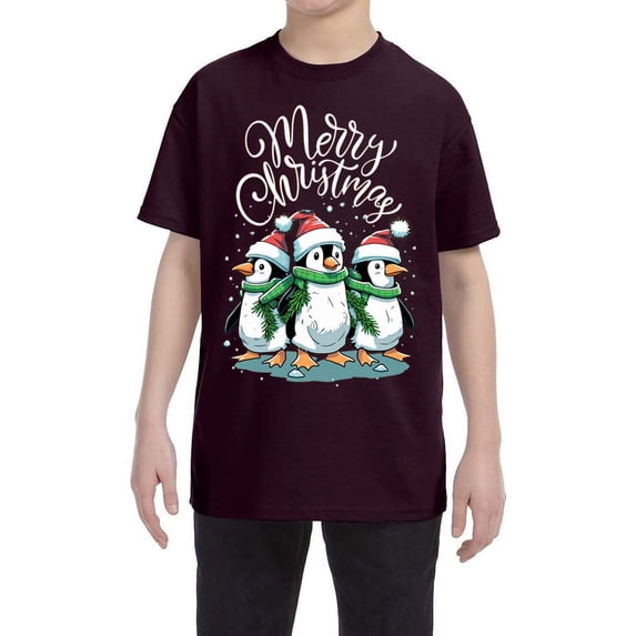 Youth Cute Penguins Santa Hats Merry Christmas Xmas Shirt