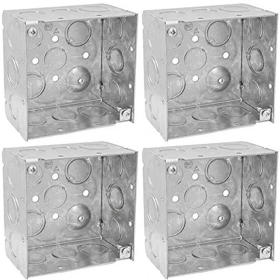 (4-Pack) 4'' Square Electrical Box, Ten 1/2'' and Six TKO Knockouts, Welded Construction, 30.3 Cu. in. Capacity, 2-1/8'' Deep, Raised Ground, Combination Screw Heads, Galvanized St