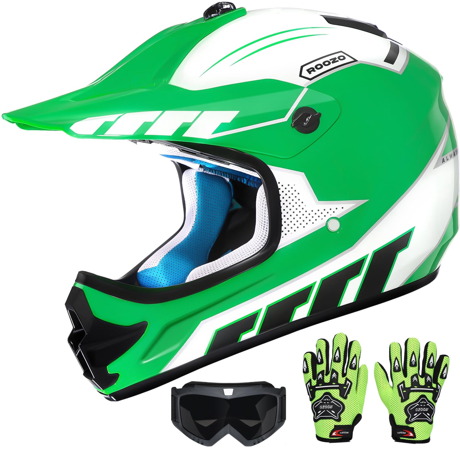 Youth Dirt Bike Helmet DOT Certified - Full Face Motorcycle Helmet for Off-Road, ATV, Street Riding, Includes Adjustable Goggles & Protective Gloves