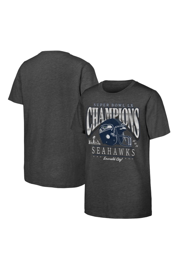 Youth Fanatics Charcoal Seattle Seahawks Super Bowl LX Champions Prestigious Run Helmet T-Shirt
