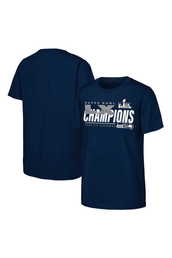 Youth Fanatics College Navy Seattle Seahawks Super Bowl LX Champions Iconic Victory T-Shirt