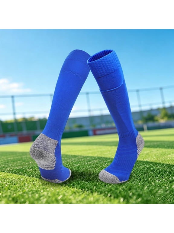 Youth Football Knee High Socks With Padded Guard Pocket Kids Soccer Long Athletic Socks Sports Cushion Bottom Gear Blue S