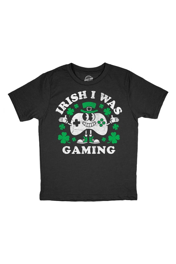 Youth Funny T Shirts Green I Was Gaming Sarcastic St Pats Day Gamer Tee For Kids