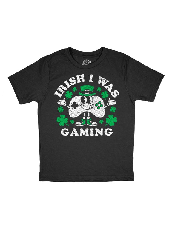 Youth Funny T Shirts Green I Was Gaming Sarcastic St Pats Day Gamer Tee For Kids