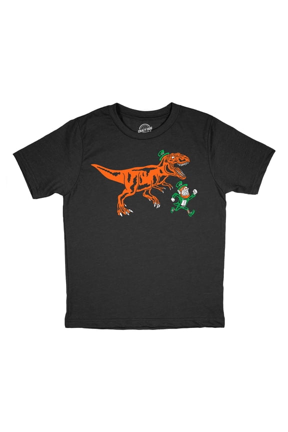 Youth Funny T Shirts T Rex Chasing Leprechaun Sarcastic St Patricks Dino Tee For Kids