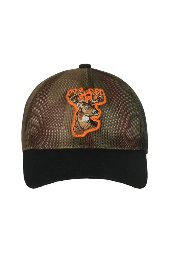 Youth Generic Woodland Green Camo/Black 6 panel Structured Pre-Curved Cotton Camo Cap with Hook Loop Closure, Youth Size