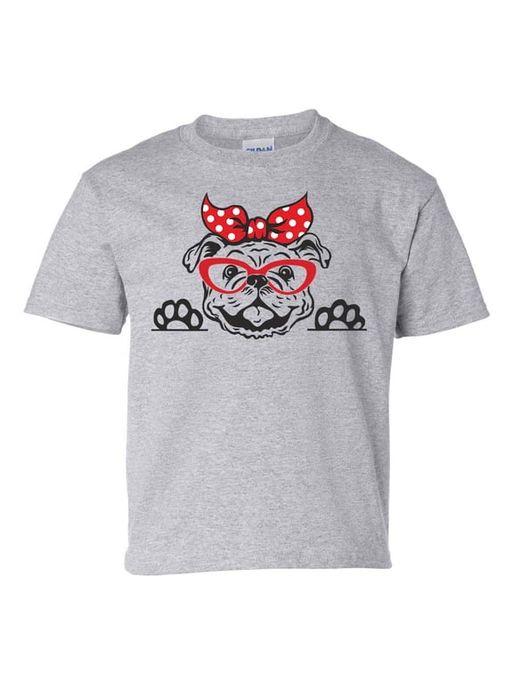 Youth Girls Georgia Football Georgia Cute Bulldog with Bow Short Sleeve T-shirt Graphic Tee-Sports Grey-medium