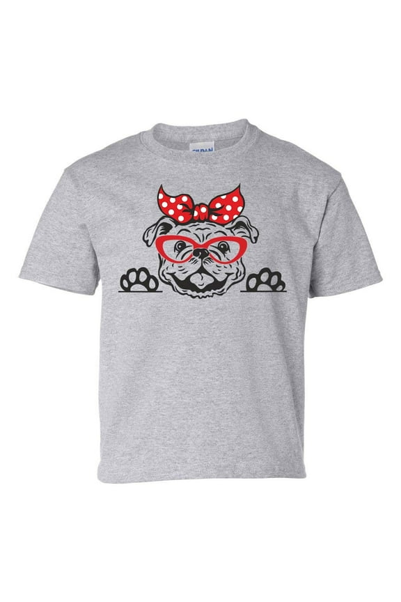 Youth Girls Georgia Football Georgia Cute Bulldog with Bow Short Sleeve T-shirt Graphic Tee-Sports Grey-xl