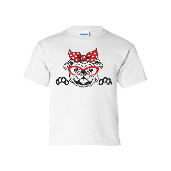 Youth Girls Georgia Football Georgia Cute Bulldog with Bow Short Sleeve T-shirt Graphic Tee-White-medium