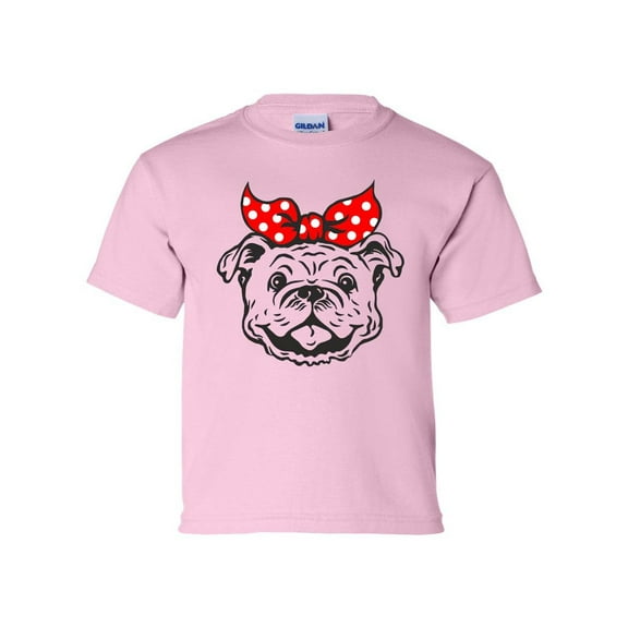 Youth Girls Georgia Football Georgia Happy Bulldog with Bow Short Sleeve T-shirt Graphic Tee-Light Pink-large