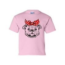 Youth Girls Georgia Football Georgia Happy Bulldog with Bow Short Sleeve T-shirt Graphic Tee-Light Pink-small