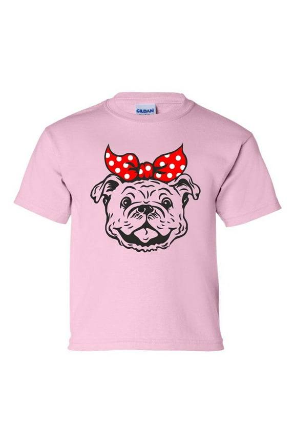 Youth Girls Georgia Football Georgia Happy Bulldog with Bow Short Sleeve T-shirt Graphic Tee-Light Pink-small