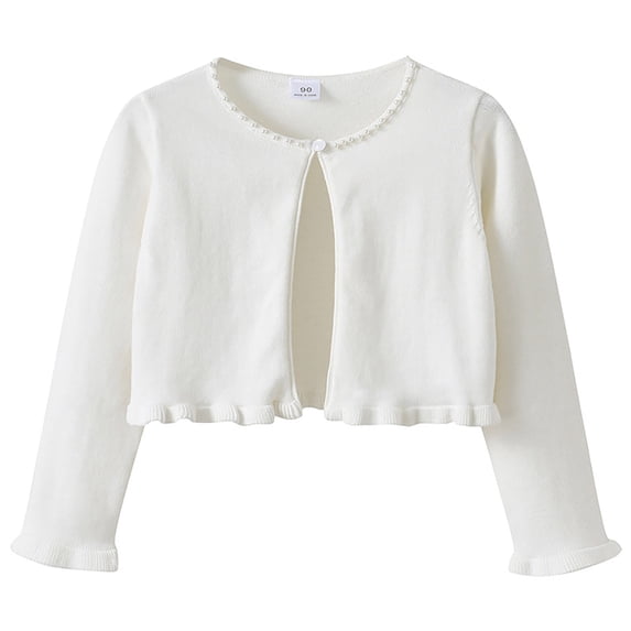 Youth Girls Knitted Bolere Cardigan Jacket Round Neck Wooden Ear Edge Pearl Sweater Toddler Girls Cute Stylish Outwear