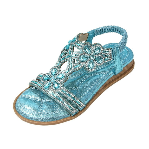 Youth Girls Sandals, Rhinestone Slingback Sandals, Elastic Ankle Strap, Casual Bohemian Beach Shoes, Dressy, Comfortable