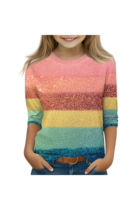 Youth Girls Short Sleeve T Shirts Sparkly Ombre Gradient Spring Summer Casual Daily Tops Yellow 160