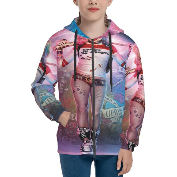 Youth Harley Qu-in Zip Up Graphic Hoodie with Pockets Comfort Long Sleeve Soft Hoodies
