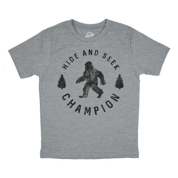 Youth Hide and Seek Chamption T Shirt Funny Hidding Bigfoot Sasquatch Joke Tee for Kids
