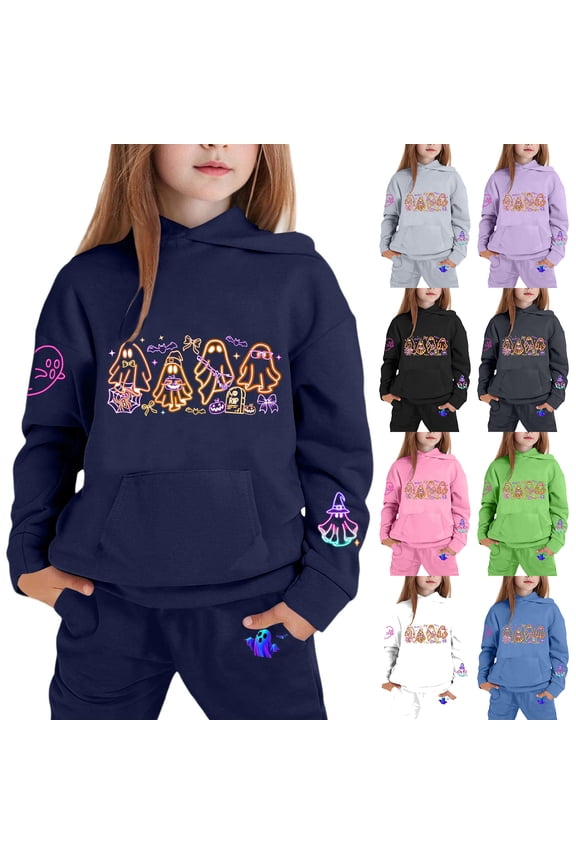 Youth Hooded Outfits Halloween Relax Boo Ghost Hooded Suit Family Halloween Parade Backyard Bonfire Party Toddler Sweatsuit Pant Set