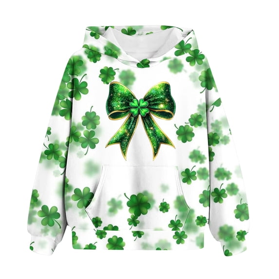 Youth Hooded Sweatshirt 3-12Y St. Patrick's Day Pullover Leprechaun Print Outfits Casual Fleece Top Long Sleeve Pocket Clothing Playful Graphic Tees