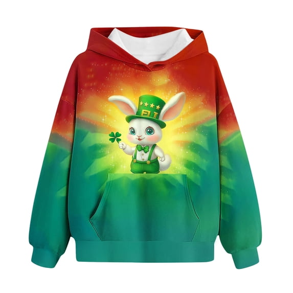 Youth Hooded Sweatshirt 3-12Y St. Patrick's Day Pullover Leprechaun Print Outfits Casual Fleece Top Long Sleeve Pocket Clothing Playful Graphic Tees