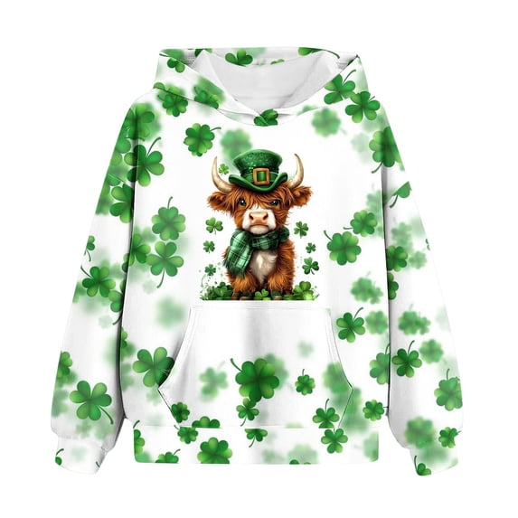 Youth Hooded Sweatshirt 3-12Y St. Patrick's Day Pullover Leprechaun Print Outfits Casual Fleece Top Long Sleeve Pocket Clothing Playful Graphic Tees