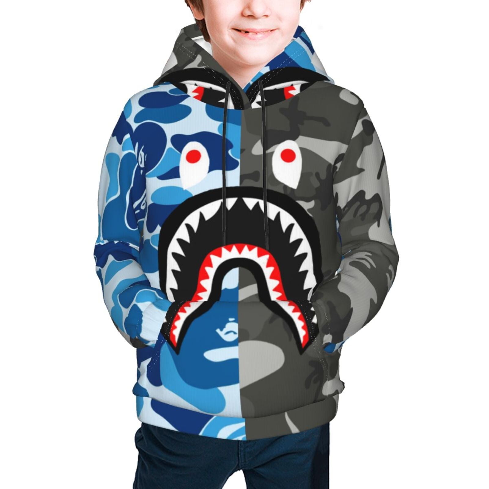 Youth Hoodies Bape Face Shark 3D Printing Boys And Girls Pullover Hooded Sweatshirt Medium Walmart